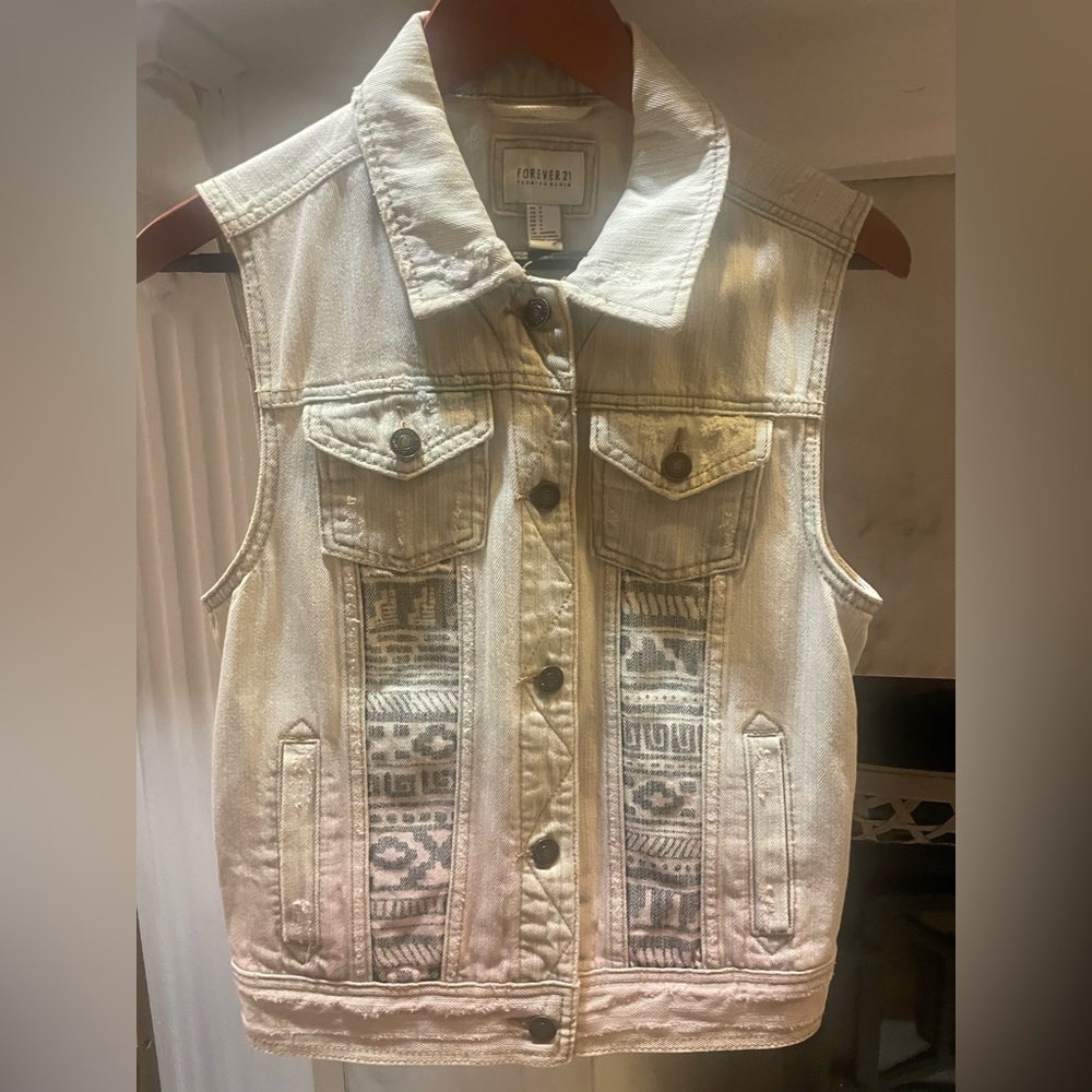 Forever 21 Premium Denim Distressed Artsy Vest